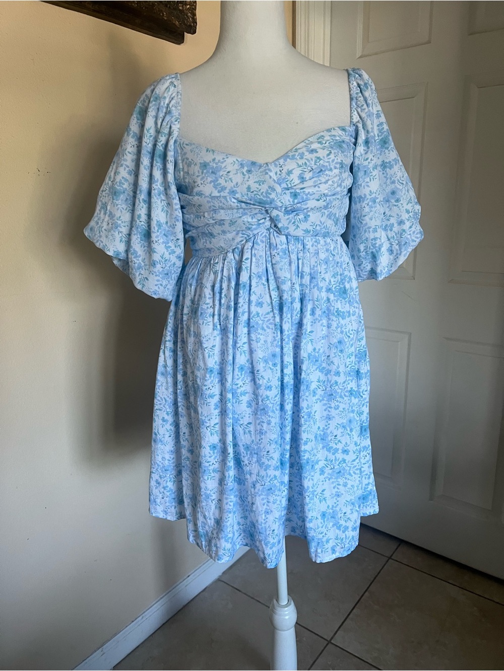 Altar'd State Light Blue Floral Puff-Sleeve Mini Dress